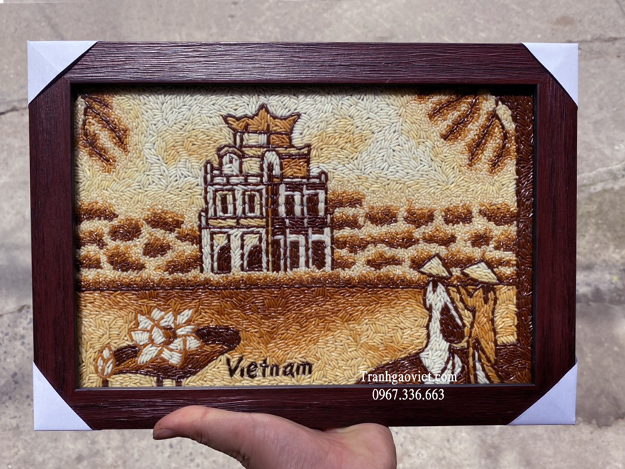 tranh gạo tháp rùa hoa sen