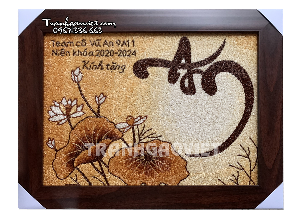 Tranh gạo thư pháp chữ An xếp chữ theo yêu cầu.